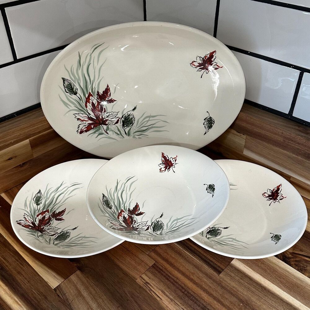 Vtg Knowles Windward 12.5” Oval Platter, 3 -7.75” Bowls Leaf Design Hard to Find